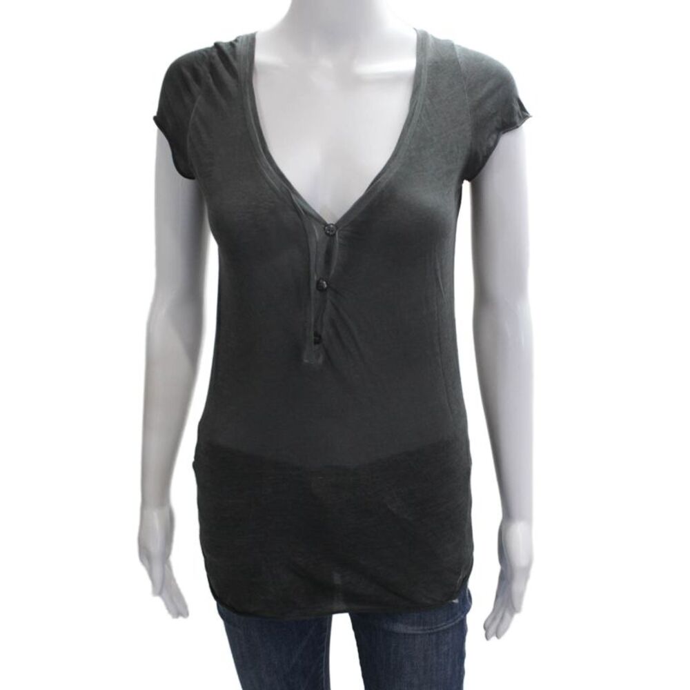 Avant Toi Women Basic Dark Gray Cotton V-Neck Cap Sleeve T-Shirt Size S